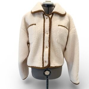 Lush Cream Cropped Teddy Sherpa Fully Lined With Camel Piping Jacket Size Large